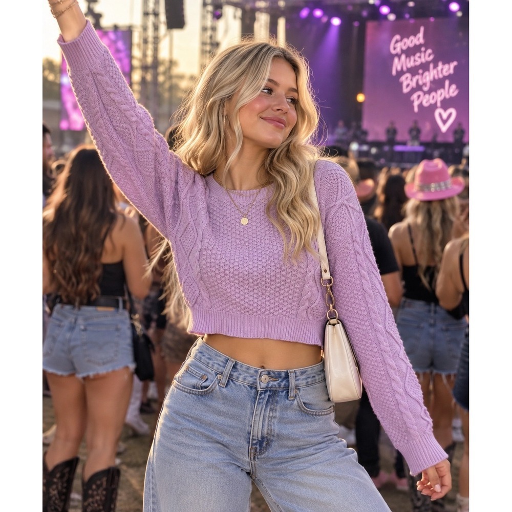 Wild Fable Cropped Cable Knit Sweater Womens M Purple Excellent Textured Boho